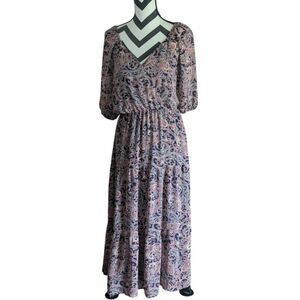 Luxology Paisley Print Maxi Dress S Pink Navy Tiered Off Shoulder/V-Neck Ruffle